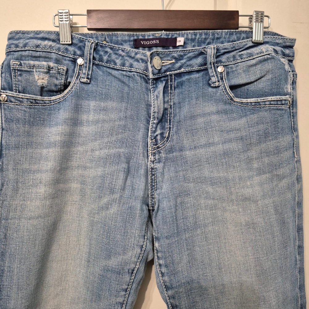 Vigoss Womens Light Wash Distressed Bootcut Jeans Size 13 Low Rise Flap Pocket - Picture 6 of 9